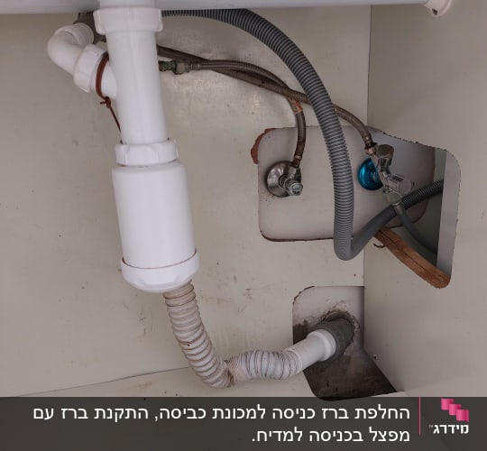 צנרת מתחת לכיור עם צינורות וניקוז